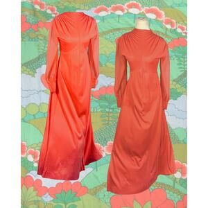 Vintage 70s Prairie Hippy Coral Red Empire Waist Circle Maxi Skirt Cocktail Dres